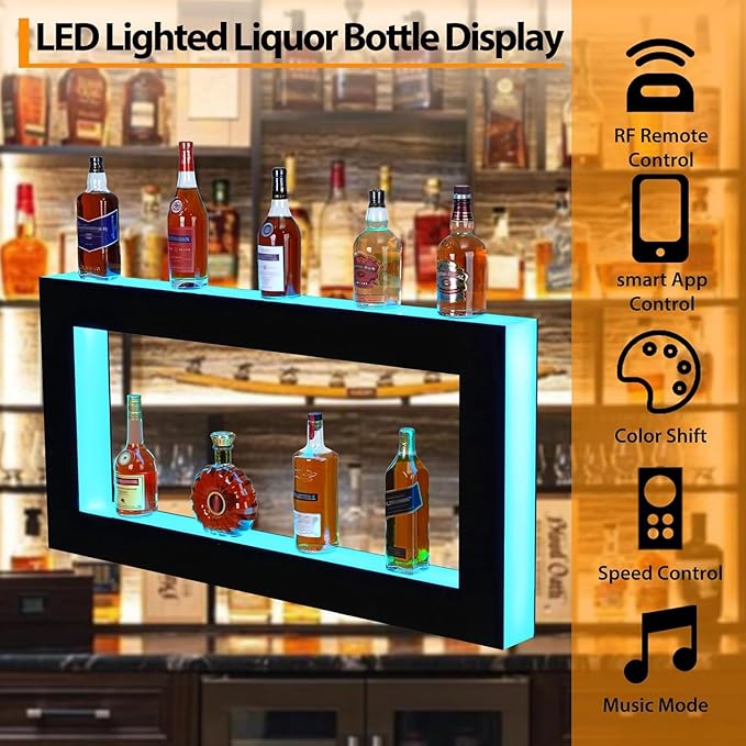 LED Lighted Bar Shelves Wall Mounted Wall Mounted Wine Rack Wine Bottle Holder 2-Tier 48 Inch Acrylic Whiskey Rack with Remote &amp App Control USB Powered for Home Bar &amp Commercial Use
