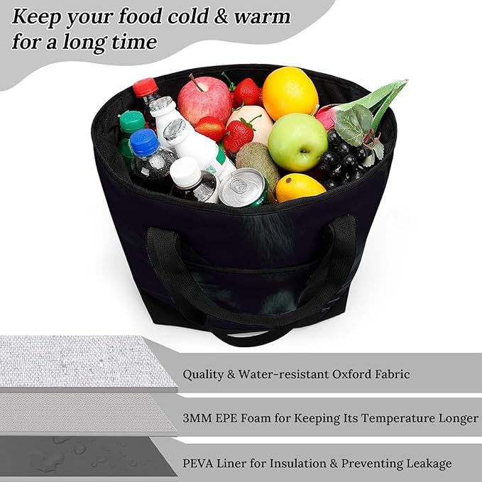 Insulated Shopping BagLarge Reusable Cooler Bags Black Cat Green Eyes Printed Foldable Shopping BagTravel Waterproof Shoulder Bag