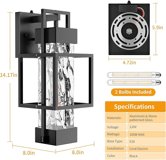 Hotsonic 2 Pack Dusk to Dawn Outdoor Porch Light Fixtures Wall Mount 14'' Dimmable Exterior Lighting for Outside Waterproof Wall Lantern Lamps Black Sconce Coach Lights for House Garage