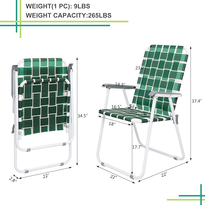 Bonnlo Foldable Patio Chair Set of 2 Heavy-Duty Steel Frame Supports 265 lbs/120 kg Ultra-Lightweight Portable for Travel Poolside Camping Beach (Green Crisscross Weave)