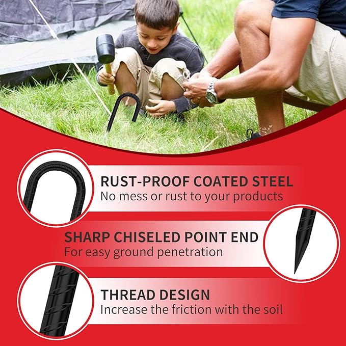 Black Metal Stakes 8 Set J Hook Extra Heavy Duty Rebar Stake【12 inch Long Enough】 Rust Proof Coated Steel Ground Stakes Ground Anchors Garden Stake Metal Stakes Tent Stakes Trampoline Anchors