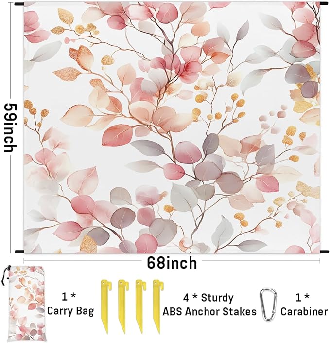Waterproof Sandproof Beach Blanket 59''×68'' Poplar Leaves Polyester Outdoor Picnic Blanket with 4 Stakes &amp Storage Bag for BeachCampingVacation Plants