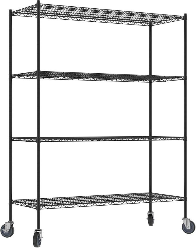 Commercial NSF Listed Black Epoxy Mobile Wire Shelving Kit 24 x 60 x 80 with 4 Shelves Perfect for Warehouse Walk-in Refrigerator Freezer Grocery Store Restaurant Dishroom
