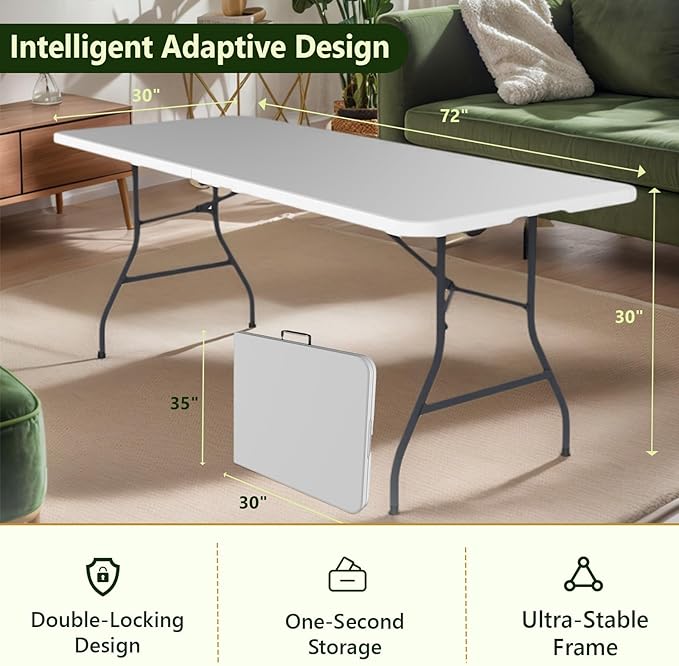 Folding Table 6 FT Foldable Plastic Table with Carrying Handle Heavy Duty Portable Fold-in-Half Utility Table for Party Camping Banquet Craft Wedding Indoor &amp Outdoor Use