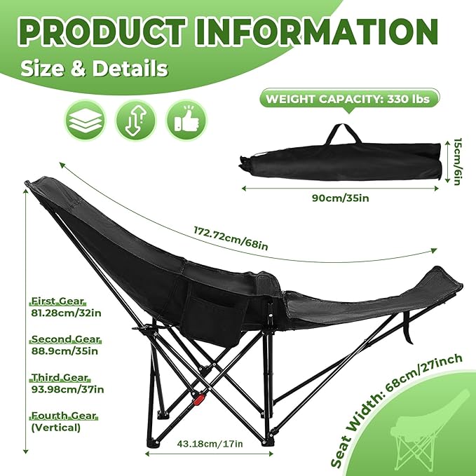 Karenhi Reclining Camping Chair with Footrest Portable Hammock Chair with Adjustable 4 Position Backrest Supports 330lbs Foldable Lounge with Storage Bag for Camping Outdoor Patio Black