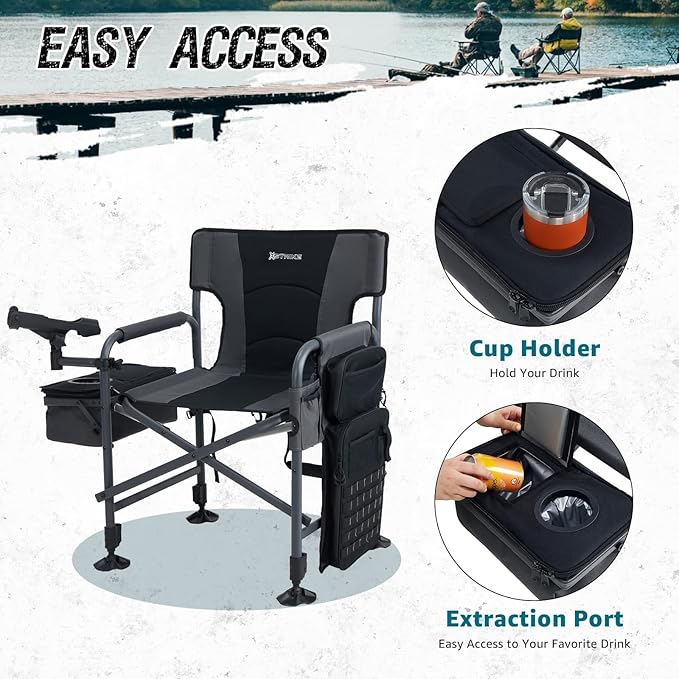 X Strike Fishing Chairs with Rod Holder Folding Ice Fishing Chair for Adults Outdoor Camping Chair Leg Adjustable with Cooler Bag and Storage Bag for Camp Lawn Patio Garden (Black)