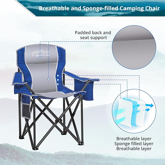 Folding Camping Chair Heavy Duty Portable Lawn Chairs with Cooler Bag Side Pocket &amp Cup Holder Folding Chairs for Outside Support 450lbs Blue