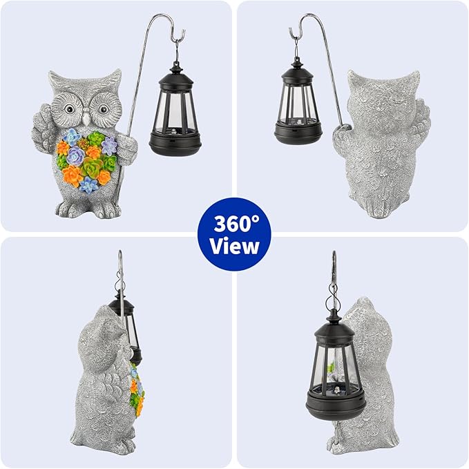 Solar Owl Garden Statue with Succulent Decor &amp Hanging Lantern – Outdoor Resin Decor for Patio Yard Balcony – Unique Gift for Women Gardeners