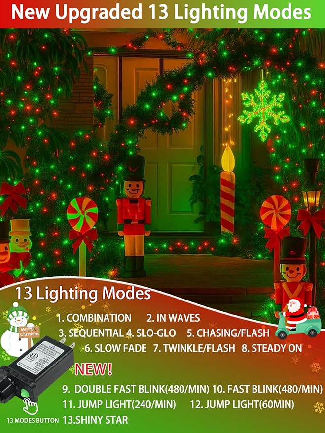 2 Pack Christmas String Lights Indoor Outdoor Super Bright 66FT 200 LED String Lights Waterproof 13 Modes Twinkle Xmas Lights with Timer for Christmas Tree Decorations (Red and Green)