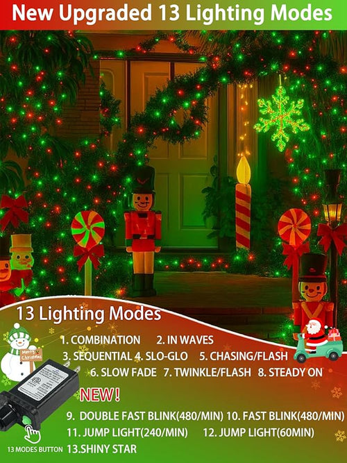 2 Pack Christmas String Lights Indoor Outdoor Super Bright 66FT 200 LED String Lights Waterproof 13 Modes Twinkle Xmas Lights with Timer for Christmas Tree Decorations (Red and Green)
