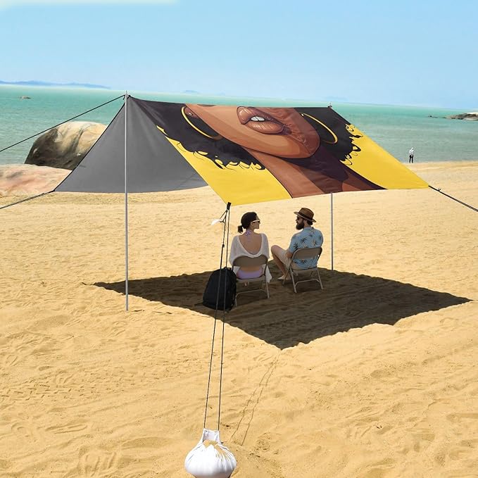 ALAZA African American Woman Sunglasses Beach Tent Sun Shelter UPF50+ Protection Beach Shade Canopy w/ 4 Sandbags for Outdoor Camping Fishing Backyard Fun Picnic 10x9 ft