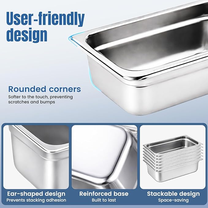 6 Pack 1/9 Size Steam Table Pan Set2.5 Deep Hotel Pans Half Size Anti Jam Stainless Steel Food Pan for RestaurantsCateringHotel BuffetHomeParty
