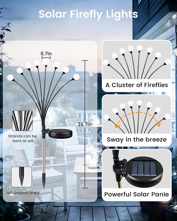 OZS 8 Pack Total 64 LED Solar Firefly Lights Fairy Outdoor - Solar Garden Lights Outdoor Sway by Wind Waterproof for Garden Patio Pathway Fairy Decoration (Cool White)