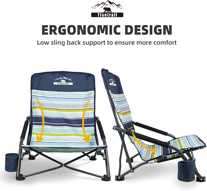 Portable Beach Chair for Adults Low Back Sling Chair with Cup Holder Folding Sand Chair Lightweight Lawn Chair for Beach Lawn Camping Concert Travel Supports 300lbs