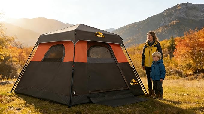 3/4 Person Camping Tent with 1 Door 4 Windows and Upgraded Ventilation– Instant Setup Waterproof 8'x 8'x 67''Oxford Fabric Floor Pop Up in 60 Seconds Includes Rainfly and Backpack