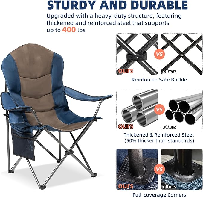 2 Pack Folding Camping Chairs for Adults - High Back Padded Outdoor Lawn Chairs with Lumbar Support &amp Cup Holder 400lbs Heavy Duty Portable Camping Chairs Set (Blue &amp Brown 2 PCS)