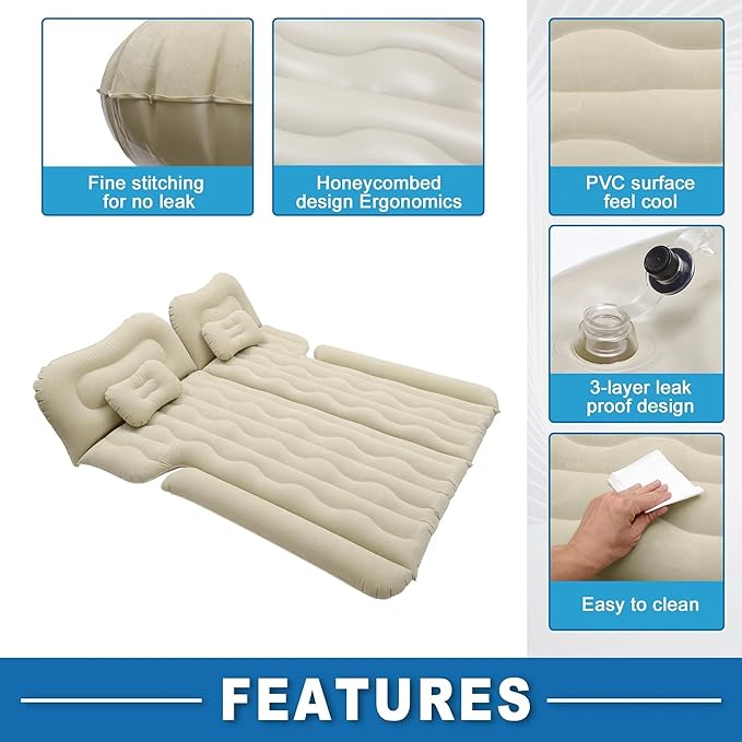 Car Inflatable Mattress Car Camping Travel Mattress Car Inflatable Mattress with Air Pump Suitable for Camping Self-Driving Travel (Beige)