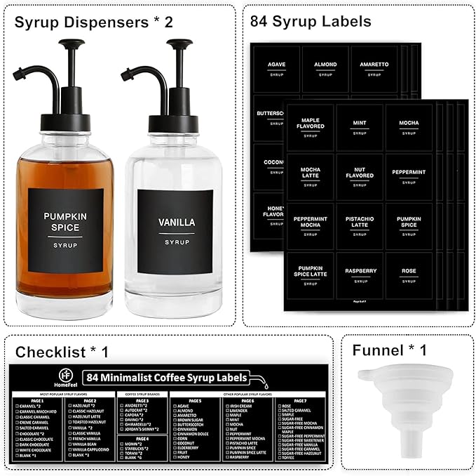 Glass Coffee Syrup Dispenser with 84 Labels (Set of 2) Fancy Pump Dispenser for Bar Accessories 16.9 oz