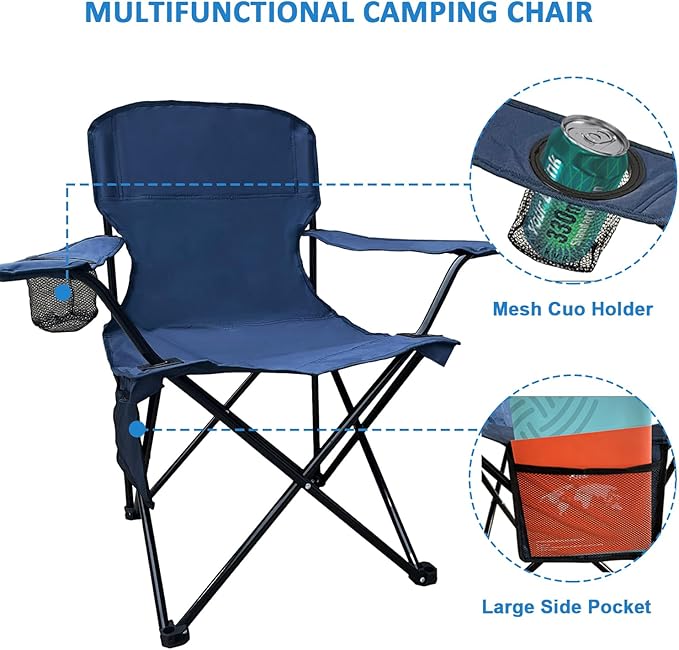 Foldable Camping Chair with Cup Holder Storage Pocket 225lbs Capacity Wide Base Feet for Sand/Mud Sweatproof Portable Outdoor Chair for Hiking Beach Sports Cyan