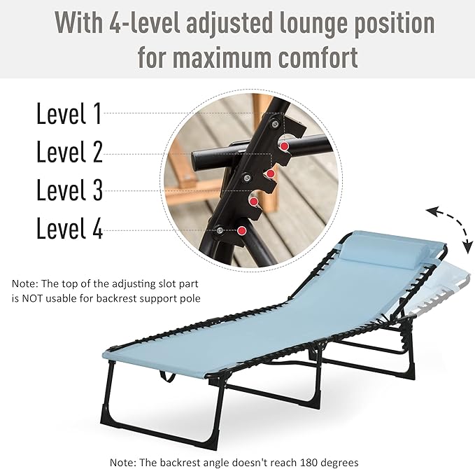 Beach-Camping Lounge-Chair Chaise-Outdoor Folding-Reclining - Tanning Chair Portable Adjustable Backrest Patio Poolside for Garden Lawn Backyard Picnics