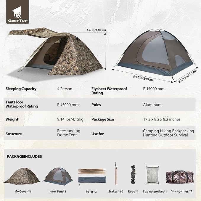 GEERTOP 4 Person 4 Season Tent for Camping Waterproof Double Layer Easy Set Up Family Tent for Camping Hiking Backpacking Outdoor Travel