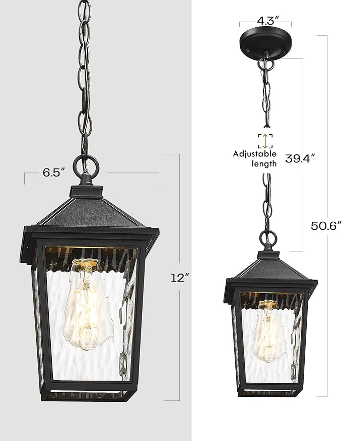 Outdoor Hanging Pendant Light HWH 12 Inch Hanging Porch Light Outdoor Pendant Light Fixture with Adjustable Chain Die-Cast Aluminum with Water Ripple Glass 5HX64H SW BK