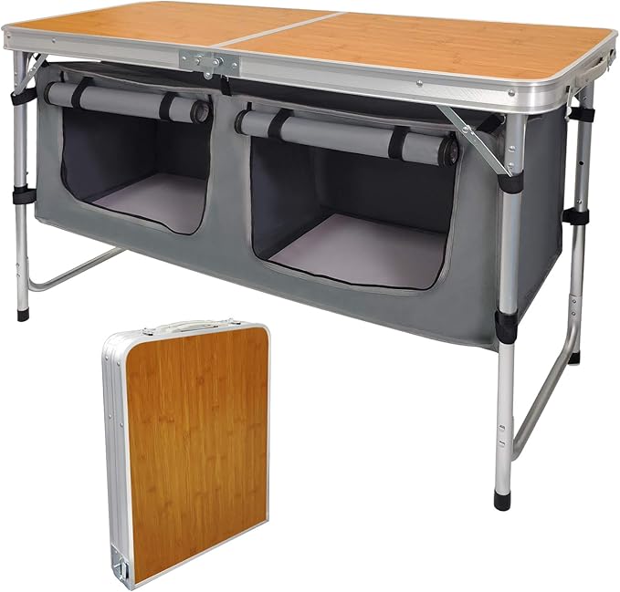 CampLand Outdoor Folding Table Aluminum Lightweight Height Adjustable with Storage Organizer for BBQ Party Camping