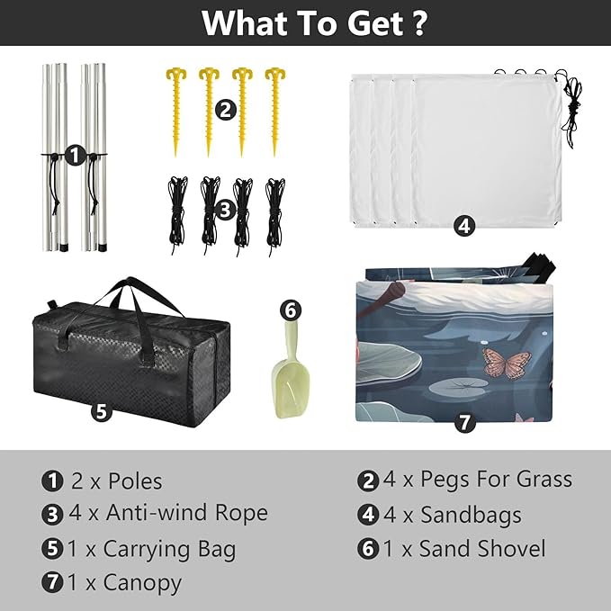 Japanese Swans Beach Tent Sun Shelter 9.2' x 10.5' Beach Canopy with 4 Sandbags 4 Stability Poles Sand Shovels - Tent Canopy for Beach Camping Fishing Picnics