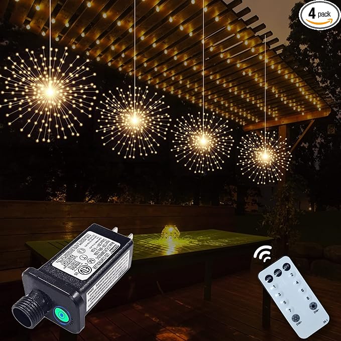 4 Pack 800 LED Plug in Starburst Sphere LightsFirework Light 8 Modes Dimmable Remote ControlWaterproof Copper Wire Hanging Fairy Lights for Patio Parties Tent Christmas (Warm White)