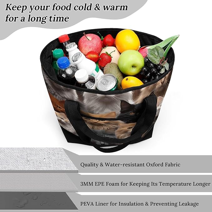 Insulated Shopping BagLarge Reusable Cooler Bags Cat Collection Printed Foldable Shopping BagTravel Waterproof Shoulder Bag