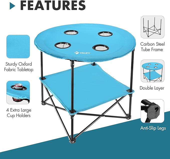 VILLEY Folding Camping Table Lightweight Double-Layer Round Table with 4 Cup Holders and Carry Bag Portable Beach Table for Camp Travel Fishing Outdoor Activities Blue