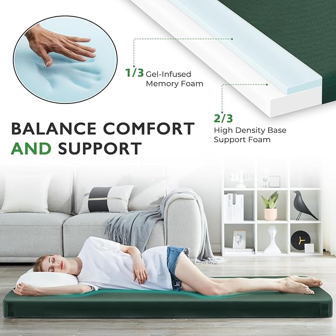 Kingfun 3 Inch CertiPUR-US Memory Foam Camping Mattress Waterproof Roll up Sleeping Pad Thick Floor Sleeping Mats for Tent with Removable Travel Bag
