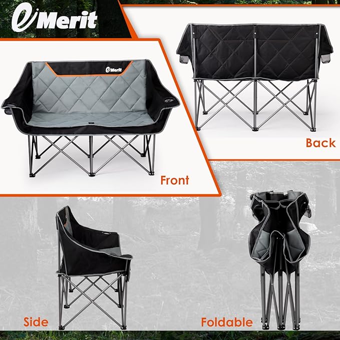 EMERIT Oversized Fully Padded Camping Chair Heavy Duty 650LB Folding Camping Loveseat Quad Fold Double Camping Couch with Cup Holders &amp Carry Bag for Outdoor Lawn Sports Events | HIgh Back Ri