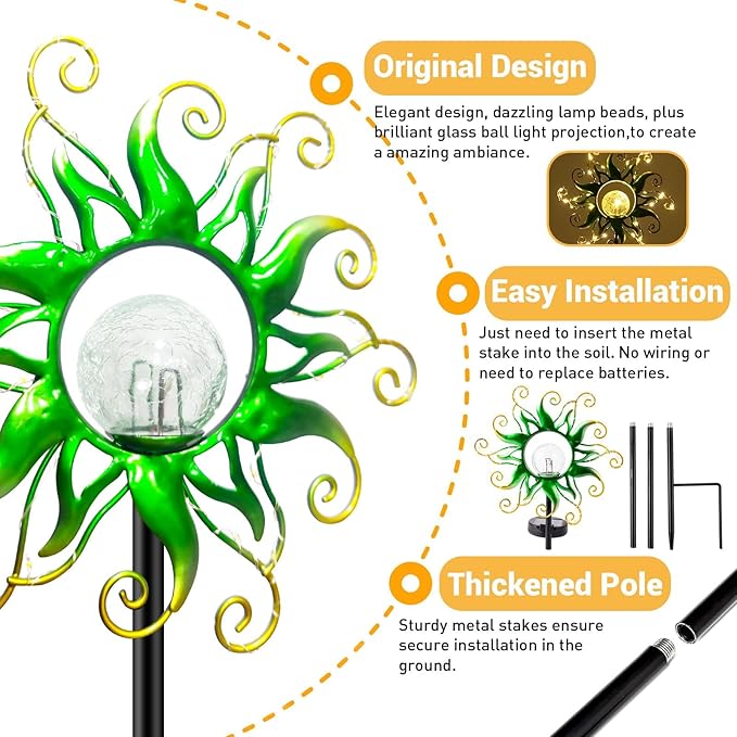 Solar Garden Lights Outdoor Green Metal Sun Stake with 30 LED Waterproof Vine String Crackle Glass Spring Decor for PatioYardrLawn Gardening Birthday Gifts