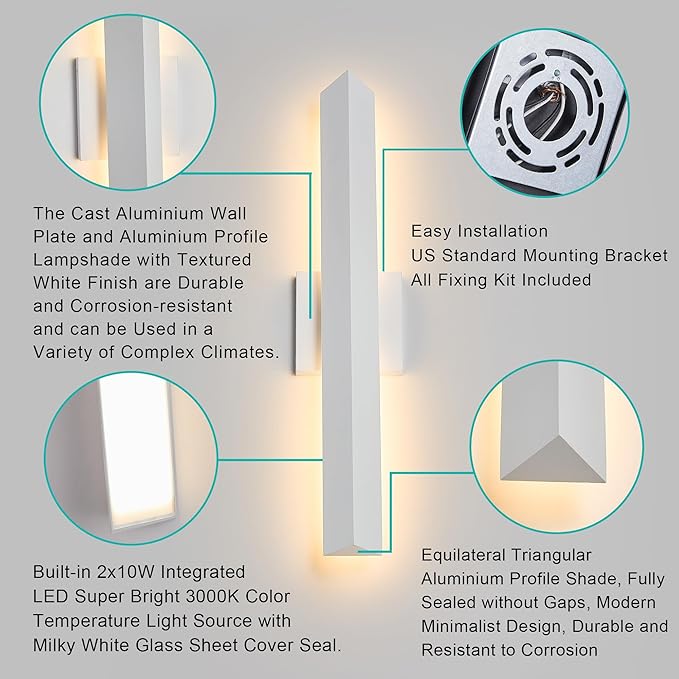 21.9IN LED Outdoor Aluminum Wall Lights20W Dimmable IP65 Waterproof Modern Textured White Indoor &amp Exterior Lighting Fixtures Long Exterior Wall Lights for Garage Front Door