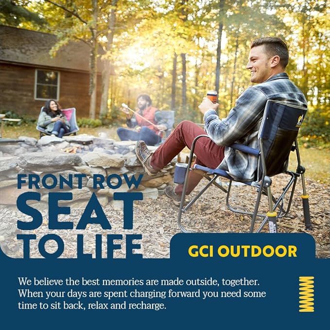 GCI OUTDOOR Freestyle Rocker with Side Table Camping Chair | Portable Folding Rocking Chair with Solid Durable Armrests Drink Holder &amp Comfortable Backrest — Heathered Indigo