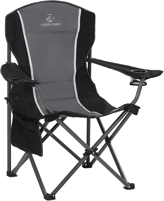 LET'S CAMP Oversized Outdoor Folding Camping Chair Heavy Duty Arm Chair with Cup Holder and Storage Bag 350 LBS Weight Capacity Grey