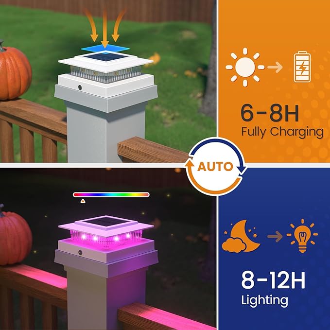 APONUO 6 Pack Solar Post Cap Lights Color Changing - 8 Solid Colors &amp Flowing Multicolor IP65 Waterproof for 4x4 Wood/Vinyl Posts Auto On/Off Deck Fence Patio Garden Lighting White