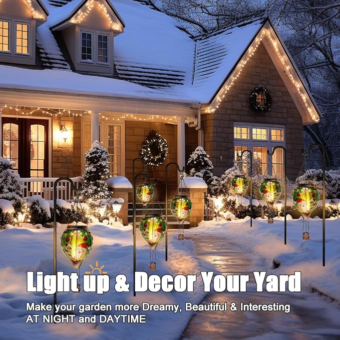 Solar Powered Hot Air Balloon Lantern - Santa Glass Lantern Simulated Flickering &amp Dancing Flame Outdoor Hanging Yard Light Waterproof IP65 for Patio Lawn Porch Christmas Decor Gift
