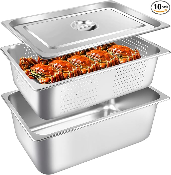 3 Pack Full Size 6 Inch 8 Inch Hotel Pan with Lid Perforated Steam Table Pan Chafing Pans Steam Table Tray Stainless Steel Restaurant Supplies for Buffets Catering Commercial Kitchen