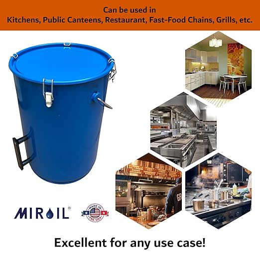 MirOil 6 Gallon Blue Oil Grease Bucket &amp Filter Pot – Steel Fryer Container w/Lid Lock &amp Clip Food Grade Interior Coating - Hot Grease Collection Pot for Disposal Under Drain Valves – Model #