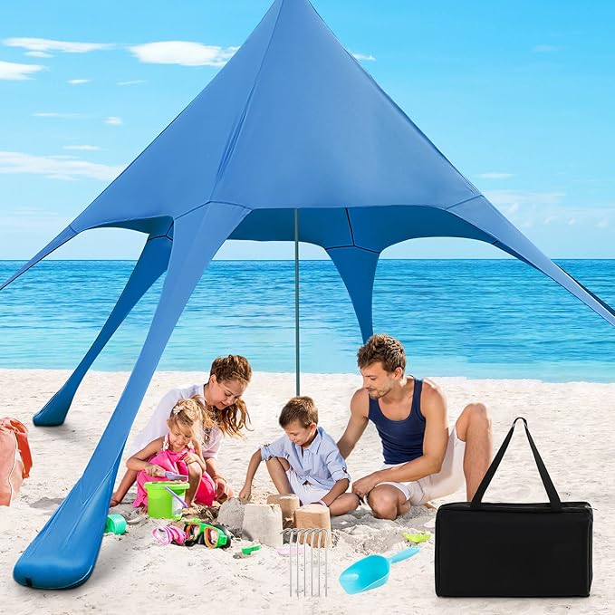 Goplus Beach Canopy 20 x 20 FT Beach Shade with UPF50+ Sun Protection Carrying Bag Sand Shovel Aluminum Pole 6 Ground Stake Portable Sun Shelter Outdoor Beach Tent for Backyard Camping Picnic