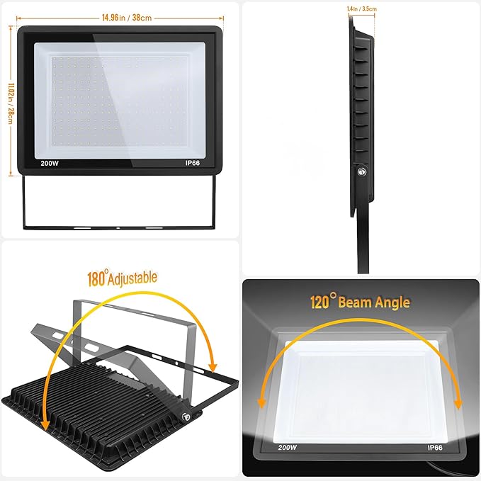 200W LED Flood Light Outdoor 2Pack 20000LM Super Bright IP66 Waterproof Outside Work Lights 6500K Daylight White Security Lights