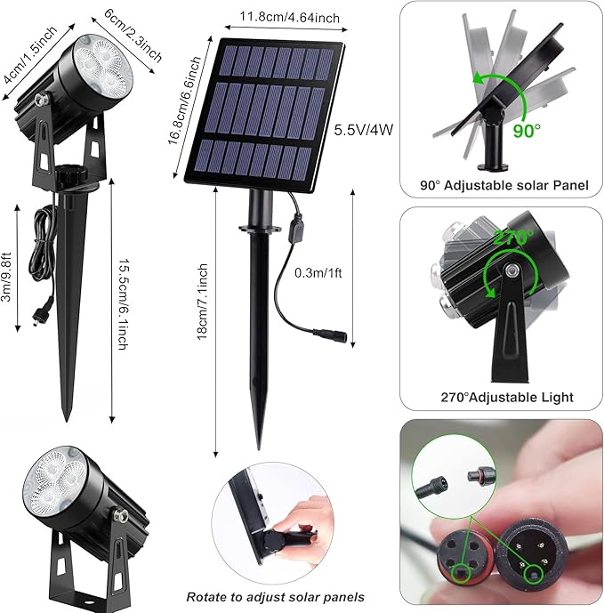 Solar Spot Lights Outdoor 3-in-1 Garden Spotlights IP65 Waterproof 9.8ft Cable 5W 4000mAh Separated Solar Panel Auto On/Off for Tree Patio Yard Driveway Pathway Pool(Cold White 6000K)