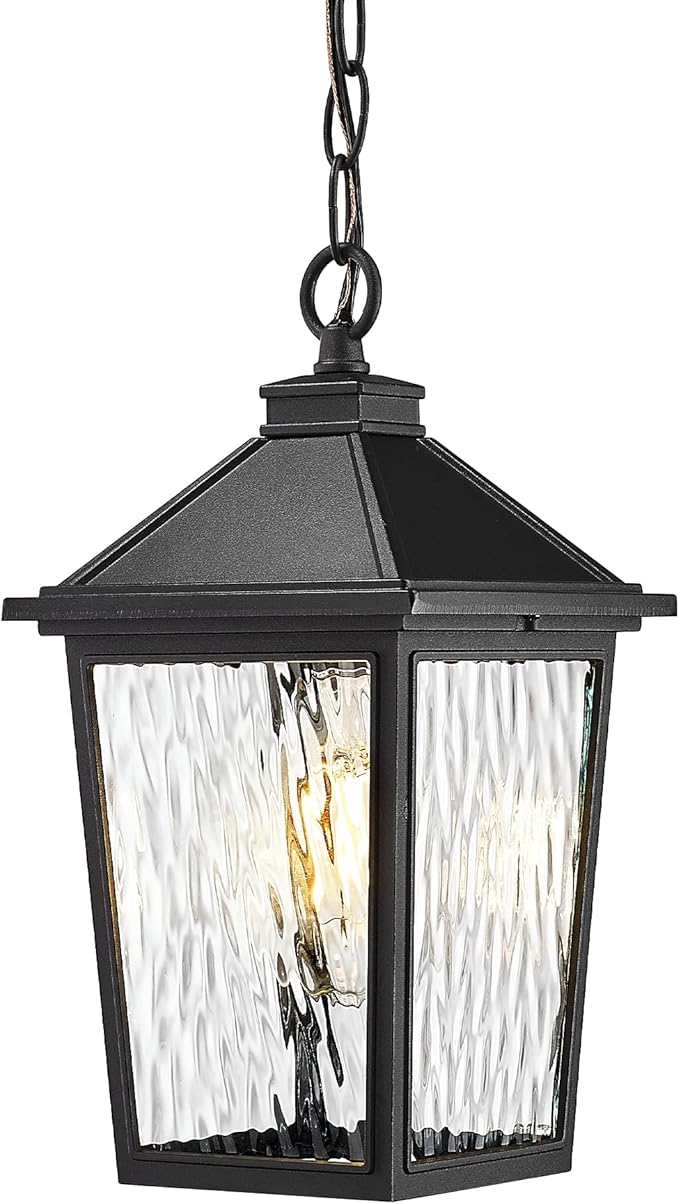 Outdoor Hanging Pendant Light HWH 12 Inch Hanging Porch Light Outdoor Pendant Light Fixture with Adjustable Chain Die-Cast Aluminum with Water Ripple Glass 5HX64H SW BK