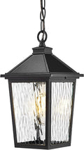 Outdoor Hanging Pendant Light HWH 12 Inch Hanging Porch Light Outdoor Pendant Light Fixture with Adjustable Chain Die-Cast Aluminum with Water Ripple Glass 5HX64H SW BK