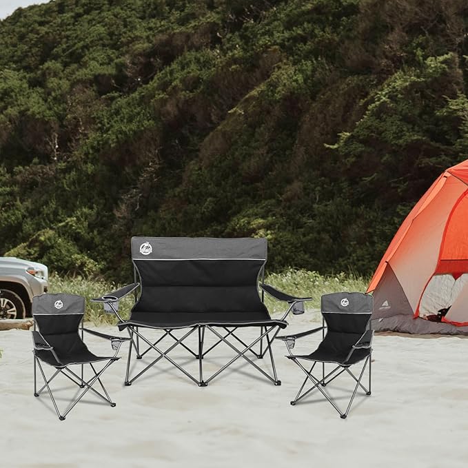 Northroad Outdoor Camping Chair Set of 3Folding Padded Camp Chair w/1 Sofa2 Single ChairsCollapsible Conversation Set for Family Patio Beach (Black)
