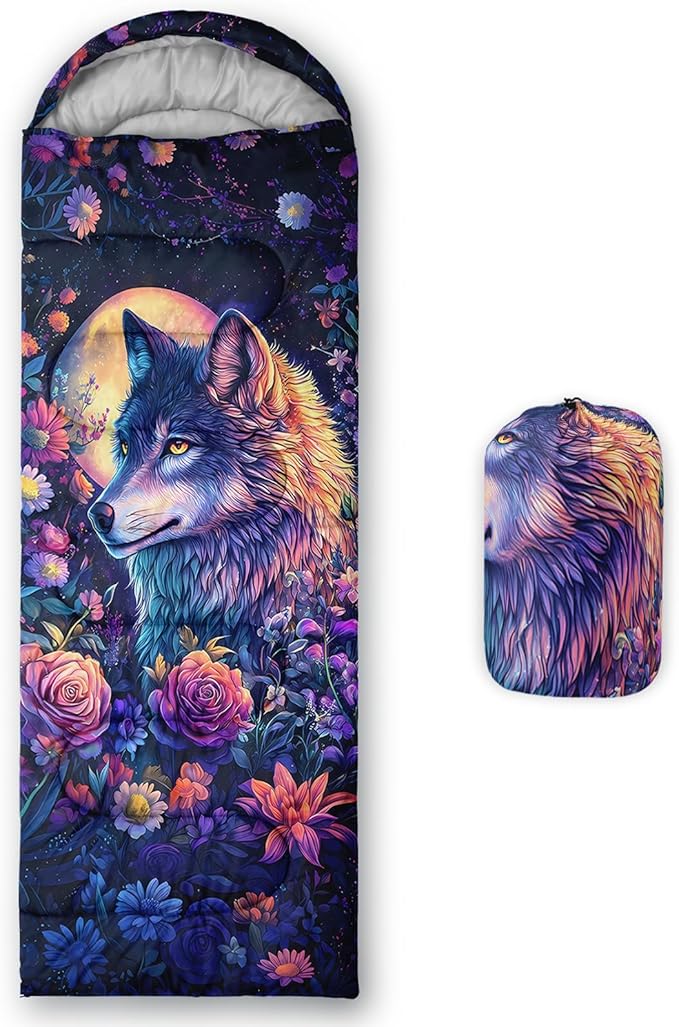 AILONEN Floral Wolf Sleeping Bag for Girls WomenWarm and Cool WeatherLightweightWaterproof BackpackingColorful Flower Animal Print Sleeping Bag for Camping
