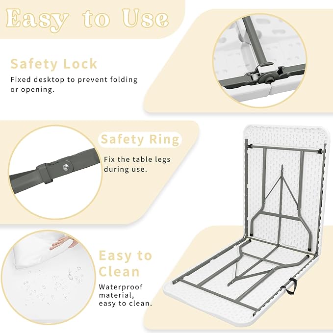 Set of 2 Folding Table 6 FT Lightweight Camping Table Portable Plastic Rectangular Outdoor Dining Table Steel Legs Fold-in-Half with Carrying Handle for IndoorPicnicPartyWeddingEvents(White)