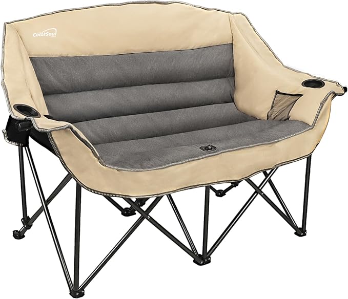 Double Folding Camping Chair Fully Padded Loveseat Camping Couch Oversized 2 Person Lawn Chair Sofa w/Cup HolderWine Glass HolderMesh Storage for Patio Picnic BeachSupport 600lbsBeige